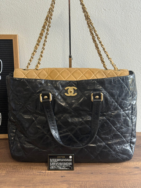 CHANEL Portobello Distressed Leather Tote Black Beige Flap