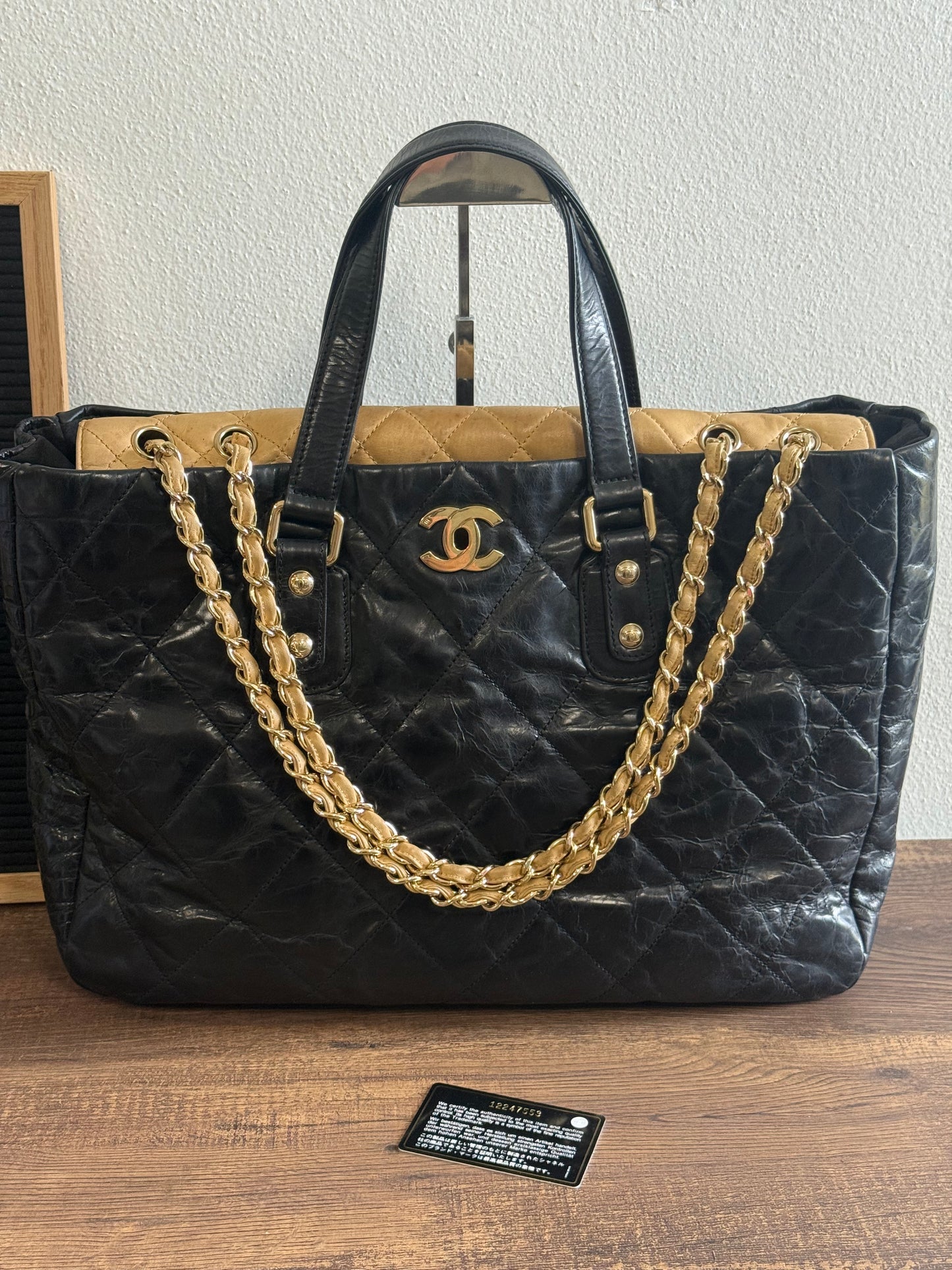 CHANEL Portobello Distressed Leather Tote Black Beige Flap