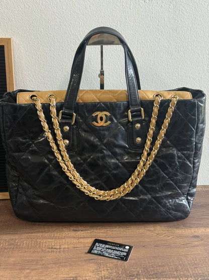 CHANEL Portobello Distressed Leather Tote Black Beige Flap