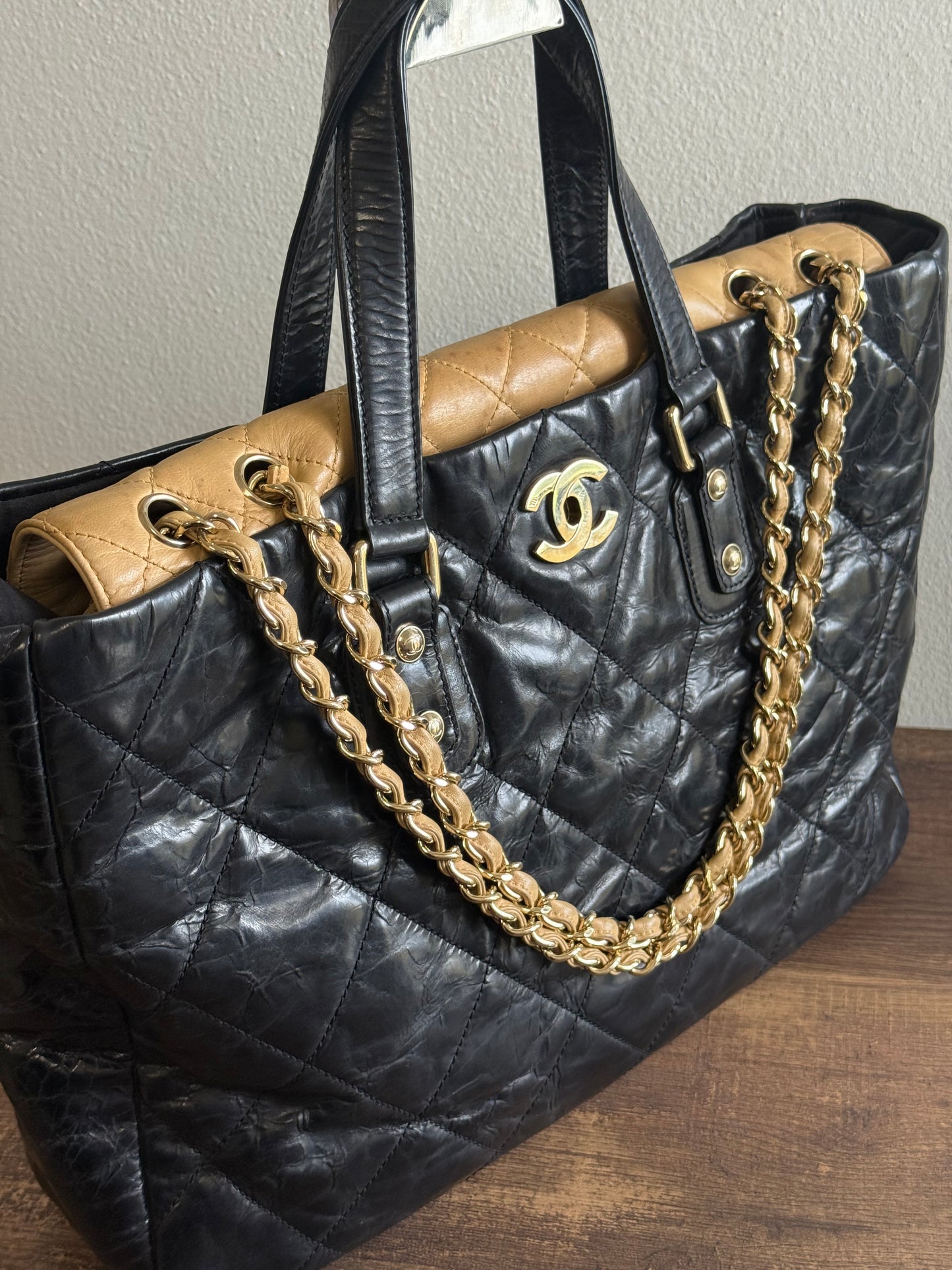 CHANEL Portobello Distressed Leather Tote Black Beige Flap
