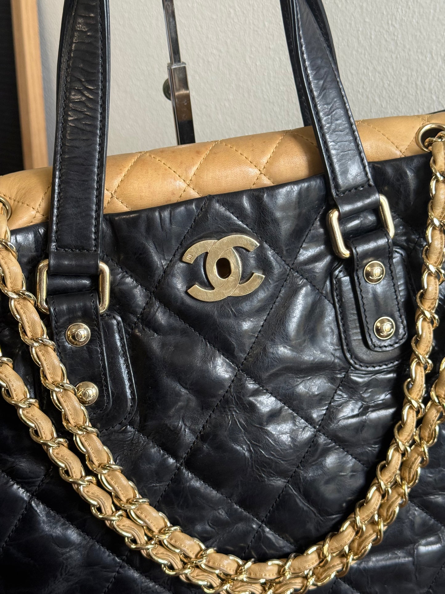 CHANEL Portobello Distressed Leather Tote Black Beige Flap