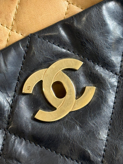 CHANEL Portobello Distressed Leather Tote Black Beige Flap
