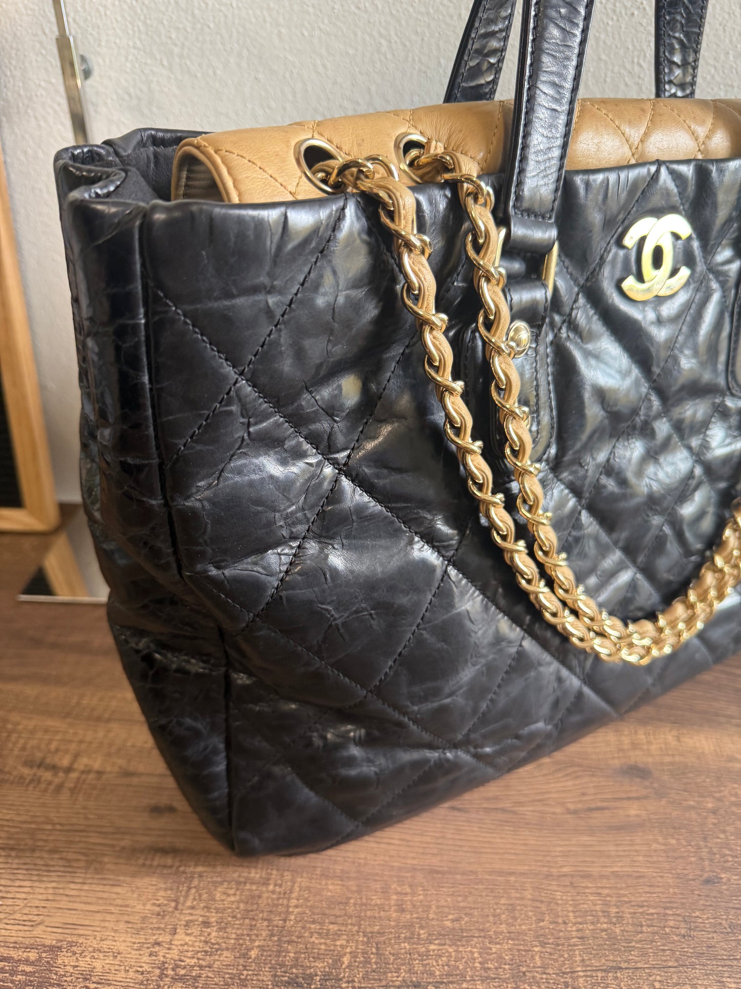 CHANEL Portobello Distressed Leather Tote Black Beige Flap
