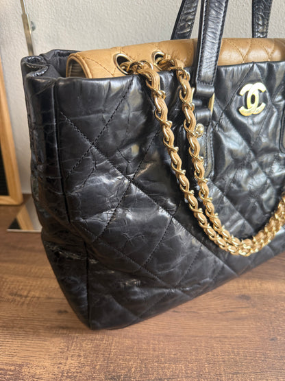 CHANEL Portobello Distressed Leather Tote Black Beige Flap