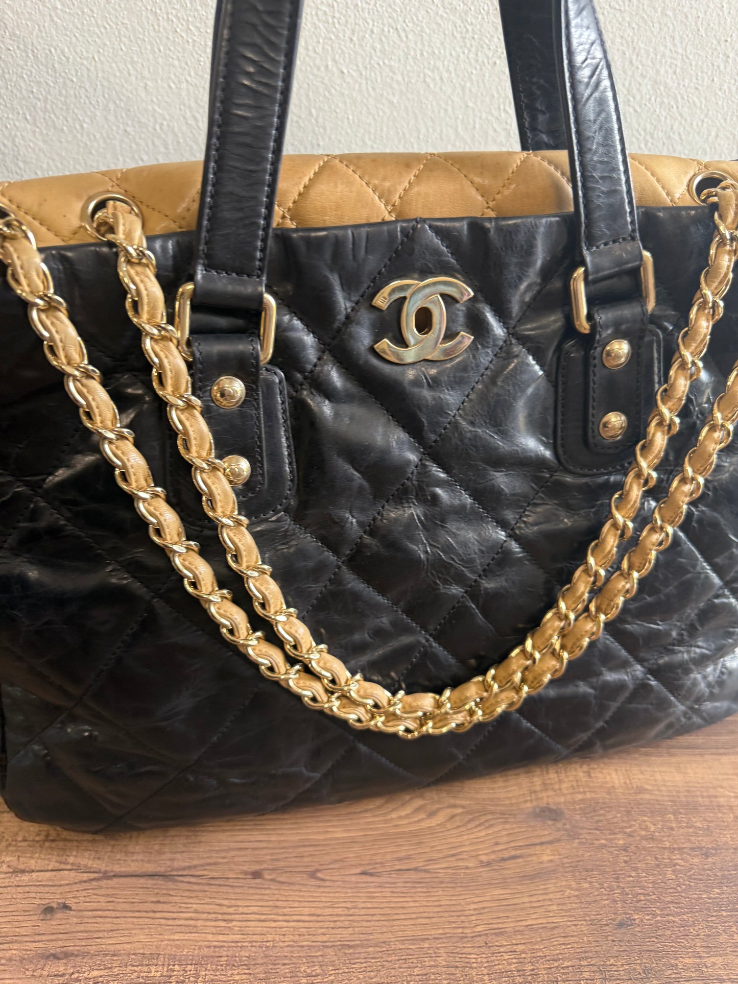 CHANEL Portobello Distressed Leather Tote Black Beige Flap