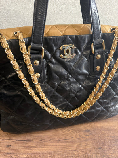 CHANEL Portobello Distressed Leather Tote Black Beige Flap