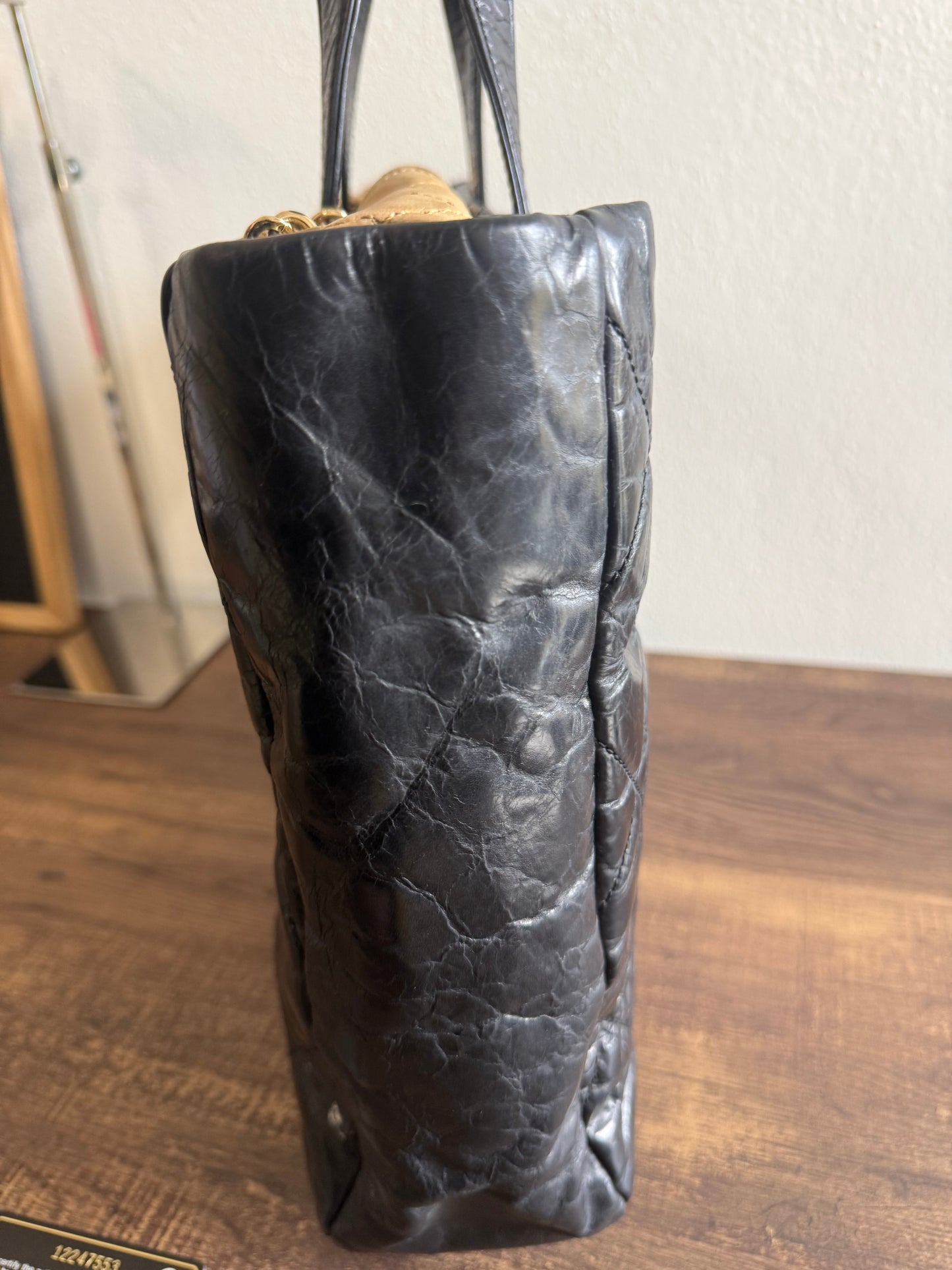 CHANEL Portobello Distressed Leather Tote Black Beige Flap