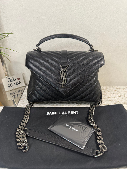 YVES SAINT LAURENT BLACK QUILTED LEATHER MEDIUM COLLEGE BAG in Monogram