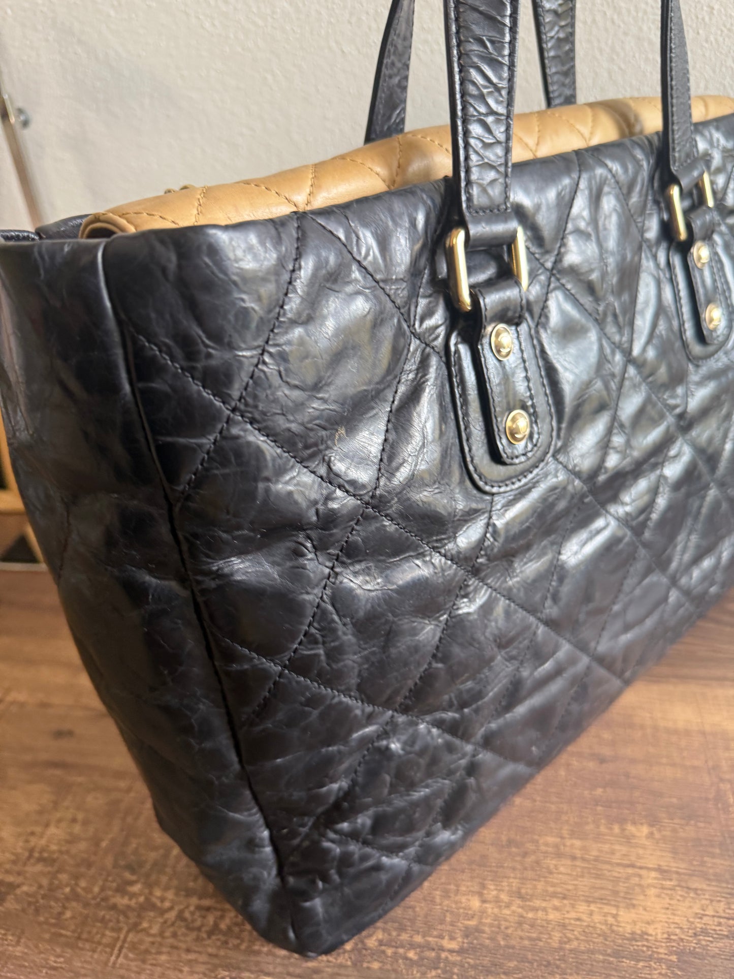 CHANEL Portobello Distressed Leather Tote Black Beige Flap