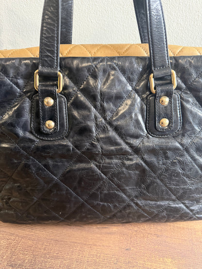 CHANEL Portobello Distressed Leather Tote Black Beige Flap