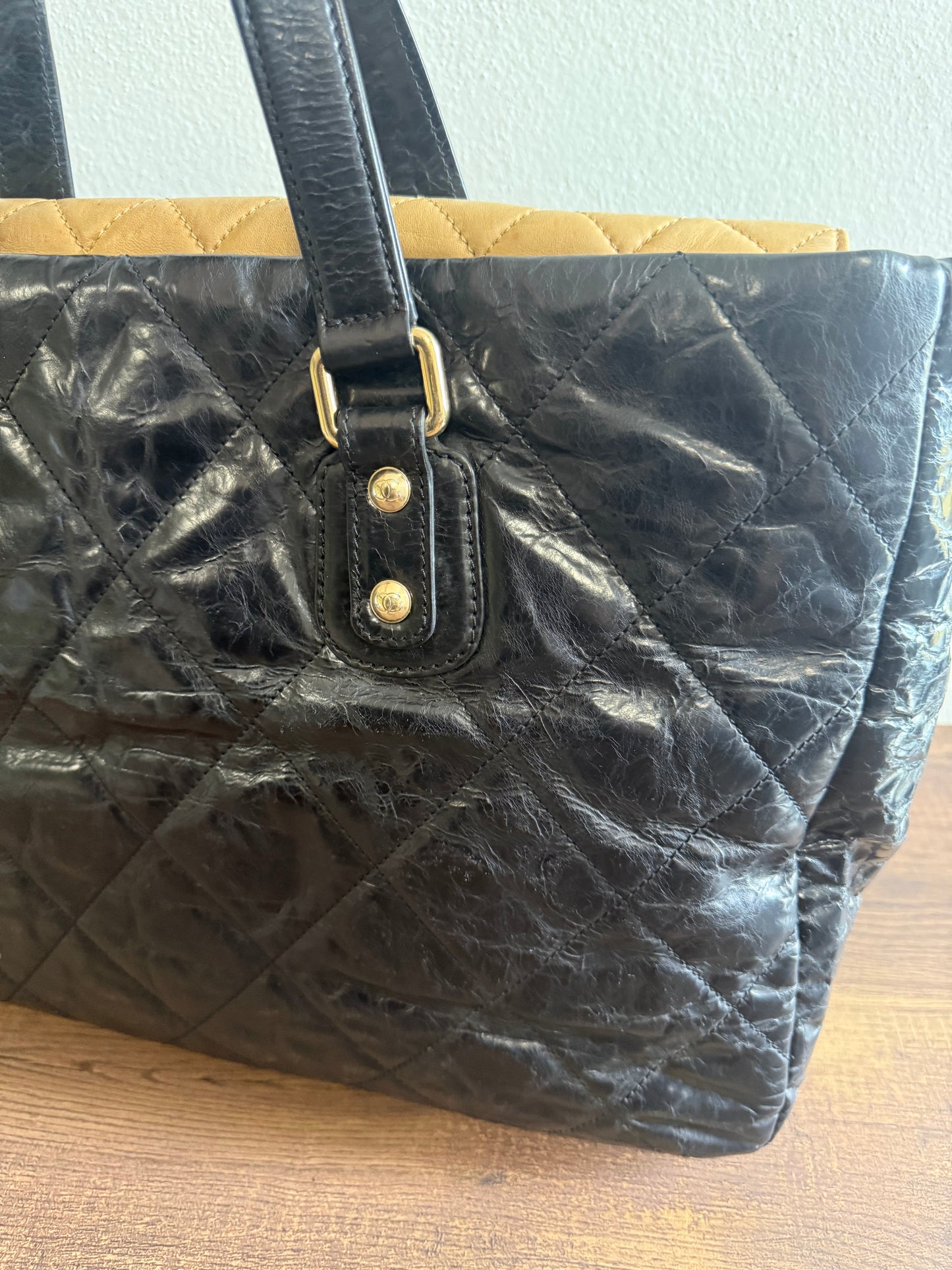 CHANEL Portobello Distressed Leather Tote Black Beige Flap