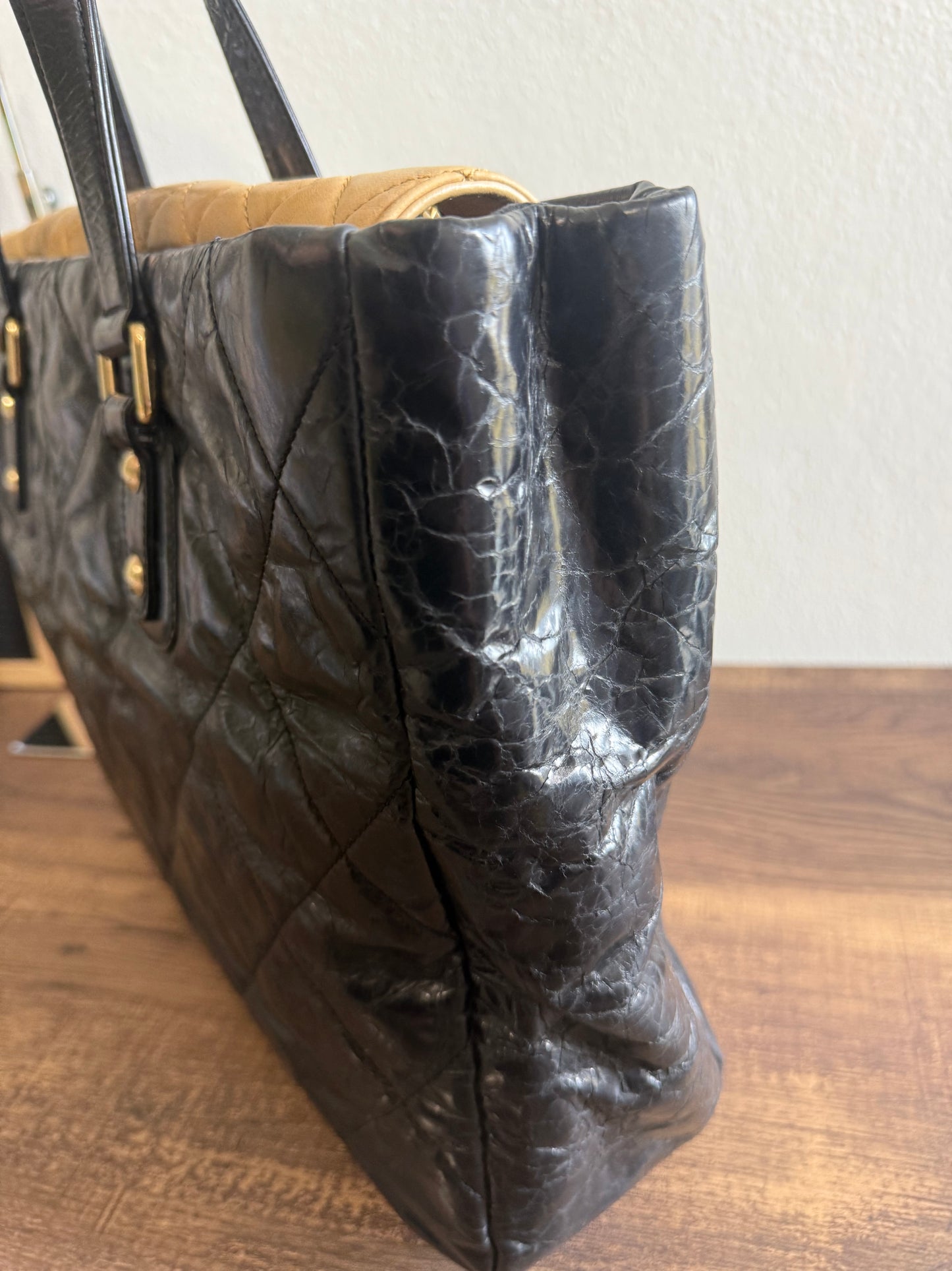 CHANEL Portobello Distressed Leather Tote Black Beige Flap