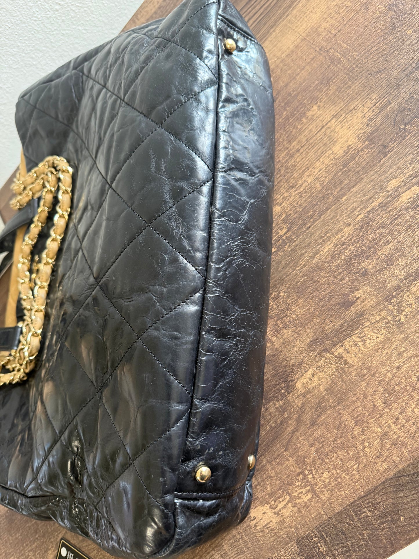 CHANEL Portobello Distressed Leather Tote Black Beige Flap