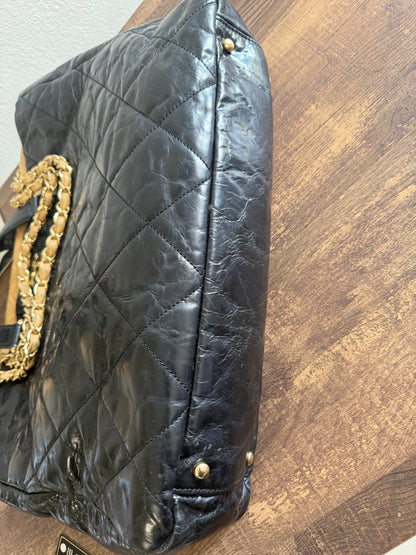 CHANEL Portobello Distressed Leather Tote Black Beige Flap
