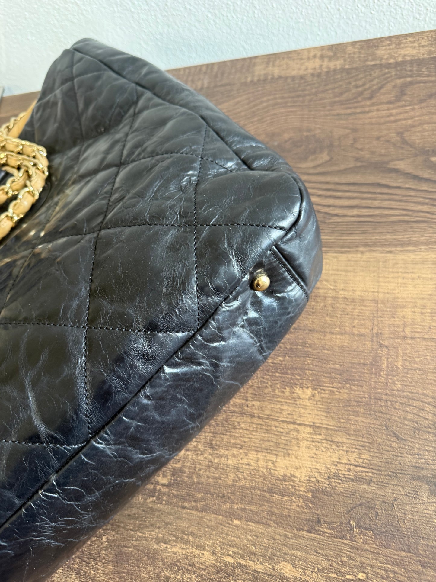CHANEL Portobello Distressed Leather Tote Black Beige Flap