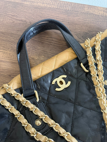 CHANEL Portobello Distressed Leather Tote Black Beige Flap