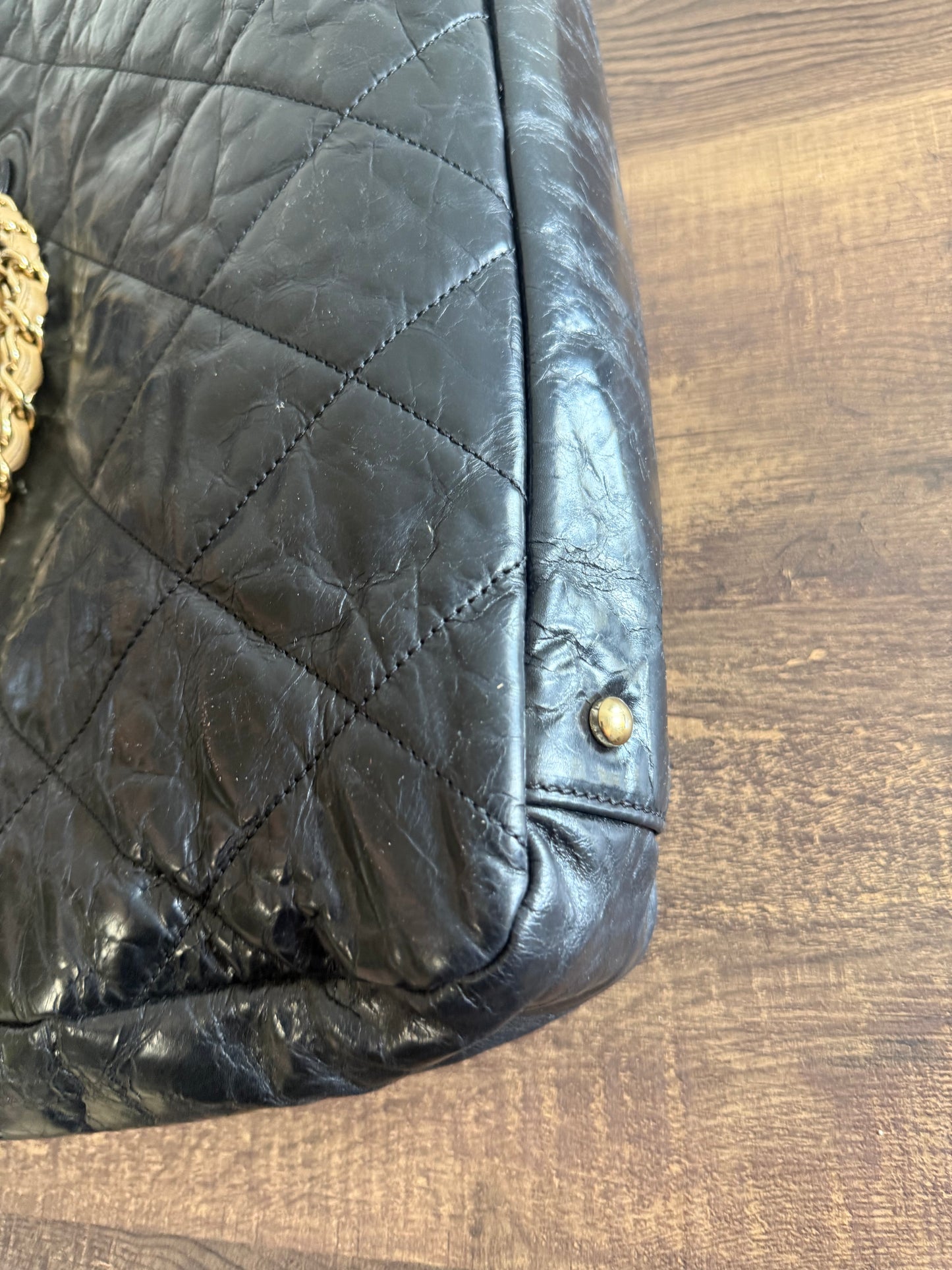 CHANEL Portobello Distressed Leather Tote Black Beige Flap