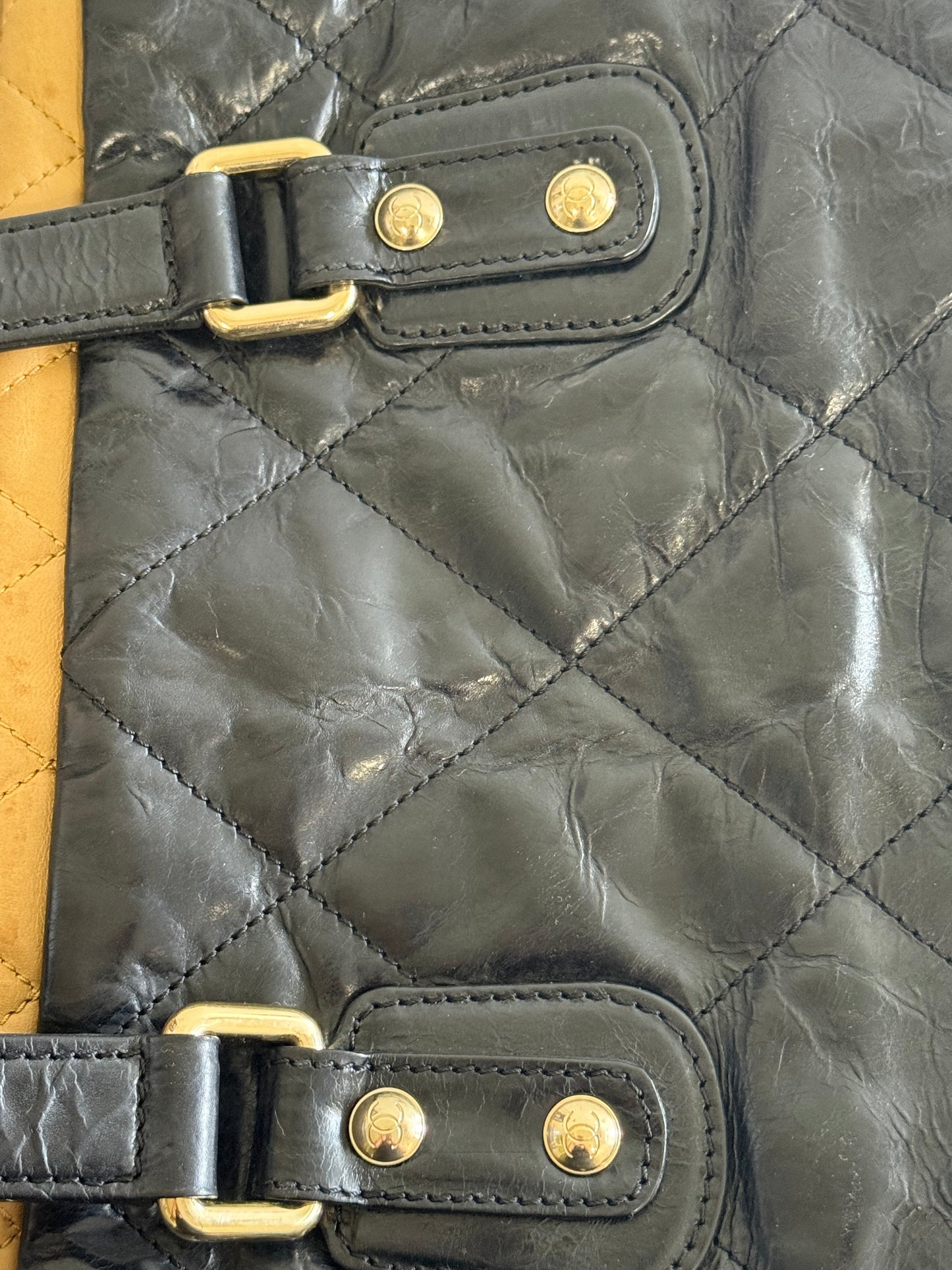 CHANEL Portobello Distressed Leather Tote Black Beige Flap