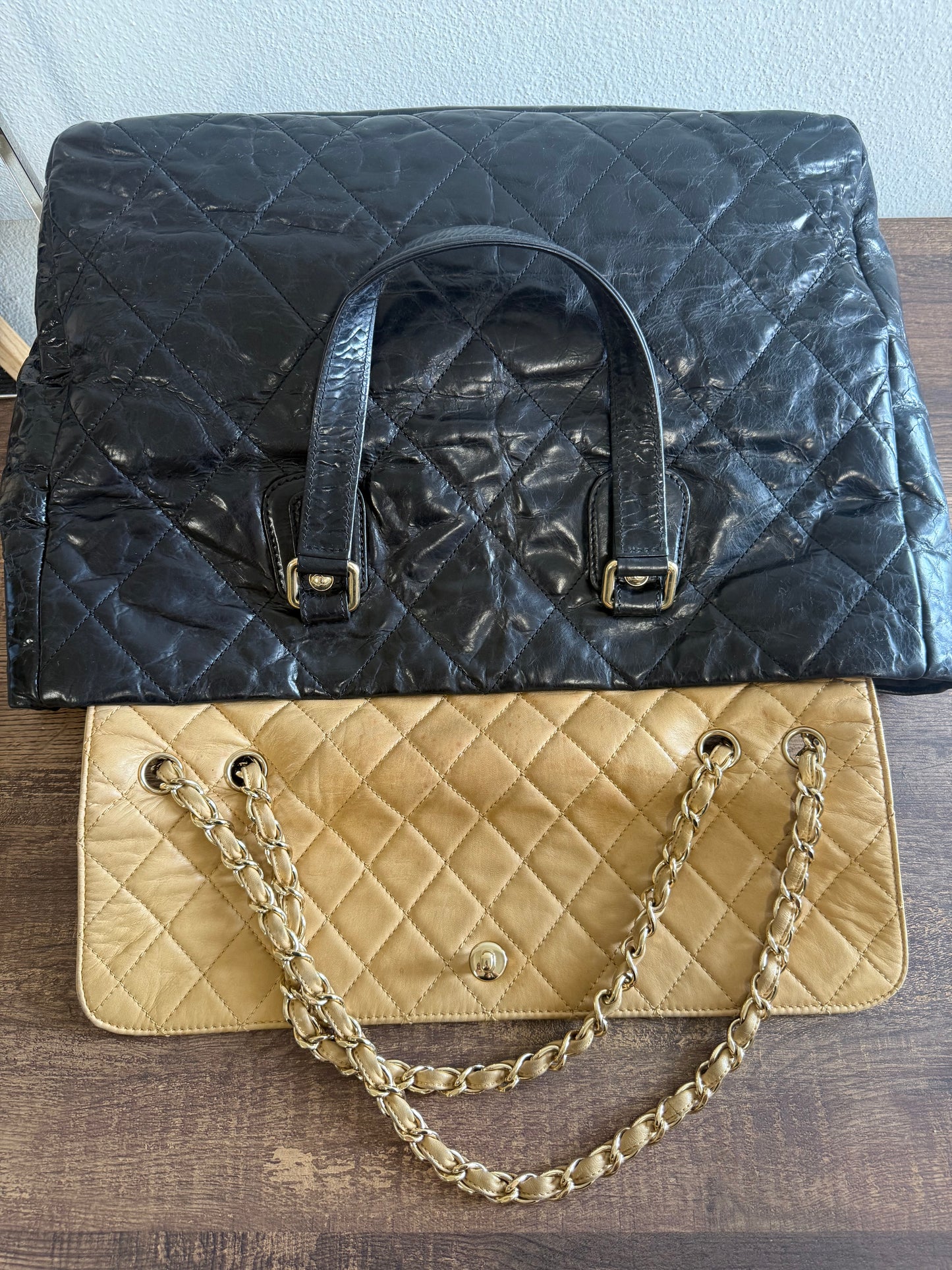 CHANEL Portobello Distressed Leather Tote Black Beige Flap