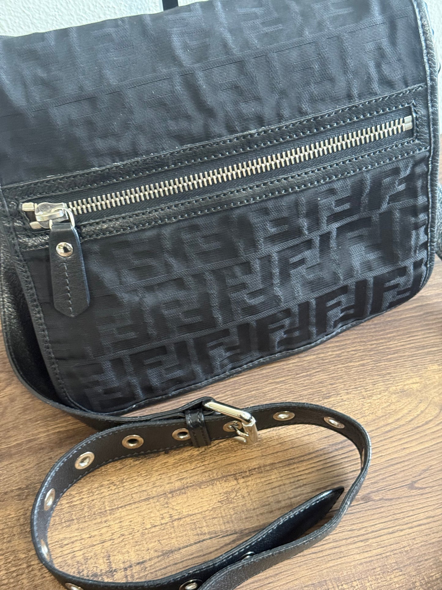 FENDI ZUCCA MESSENGER BAG BLACK CANVAS