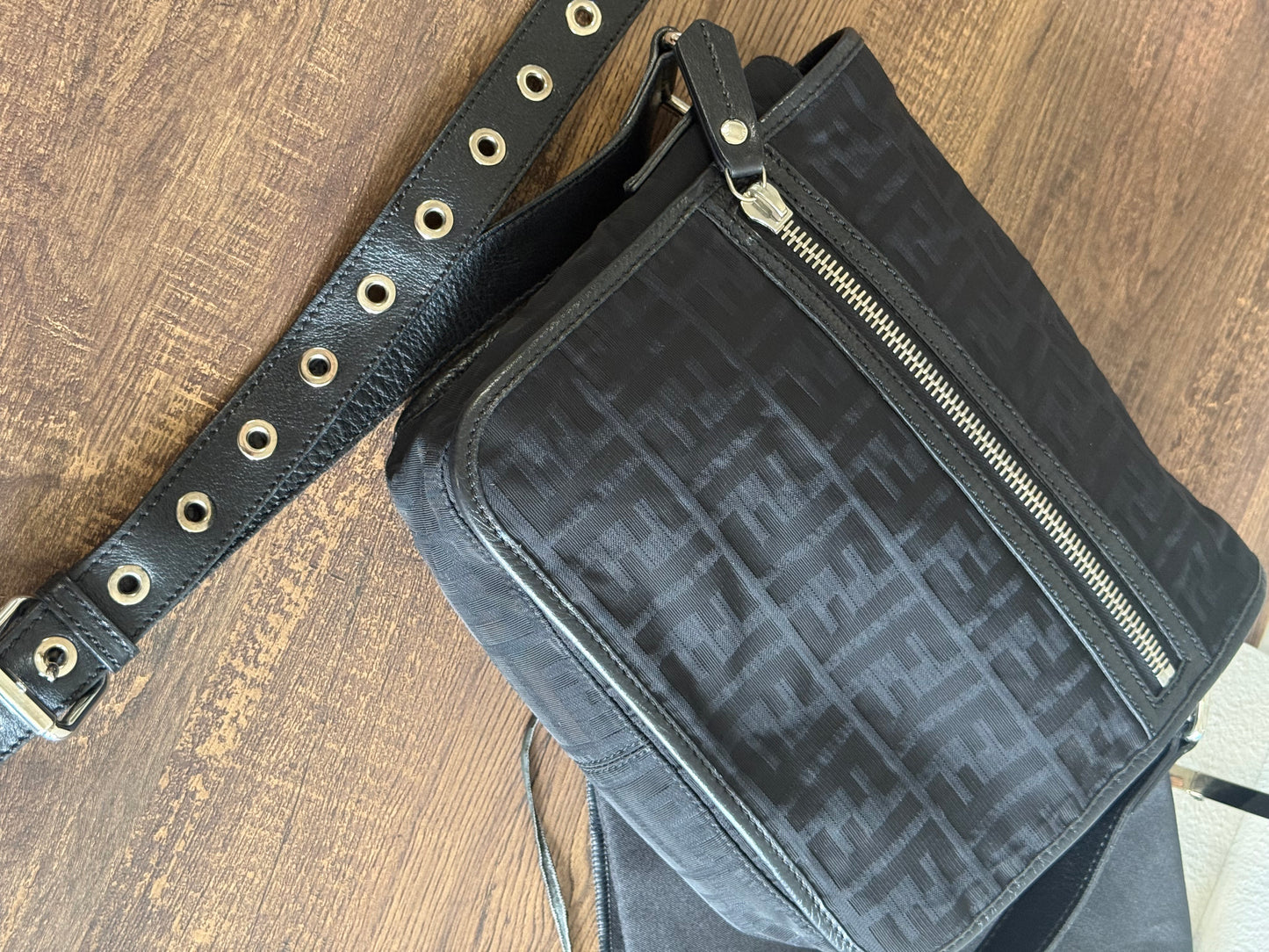 FENDI ZUCCA MESSENGER BAG BLACK CANVAS