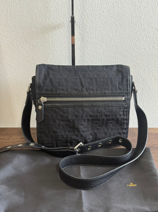 FENDI ZUCCA MESSENGER BAG BLACK CANVAS