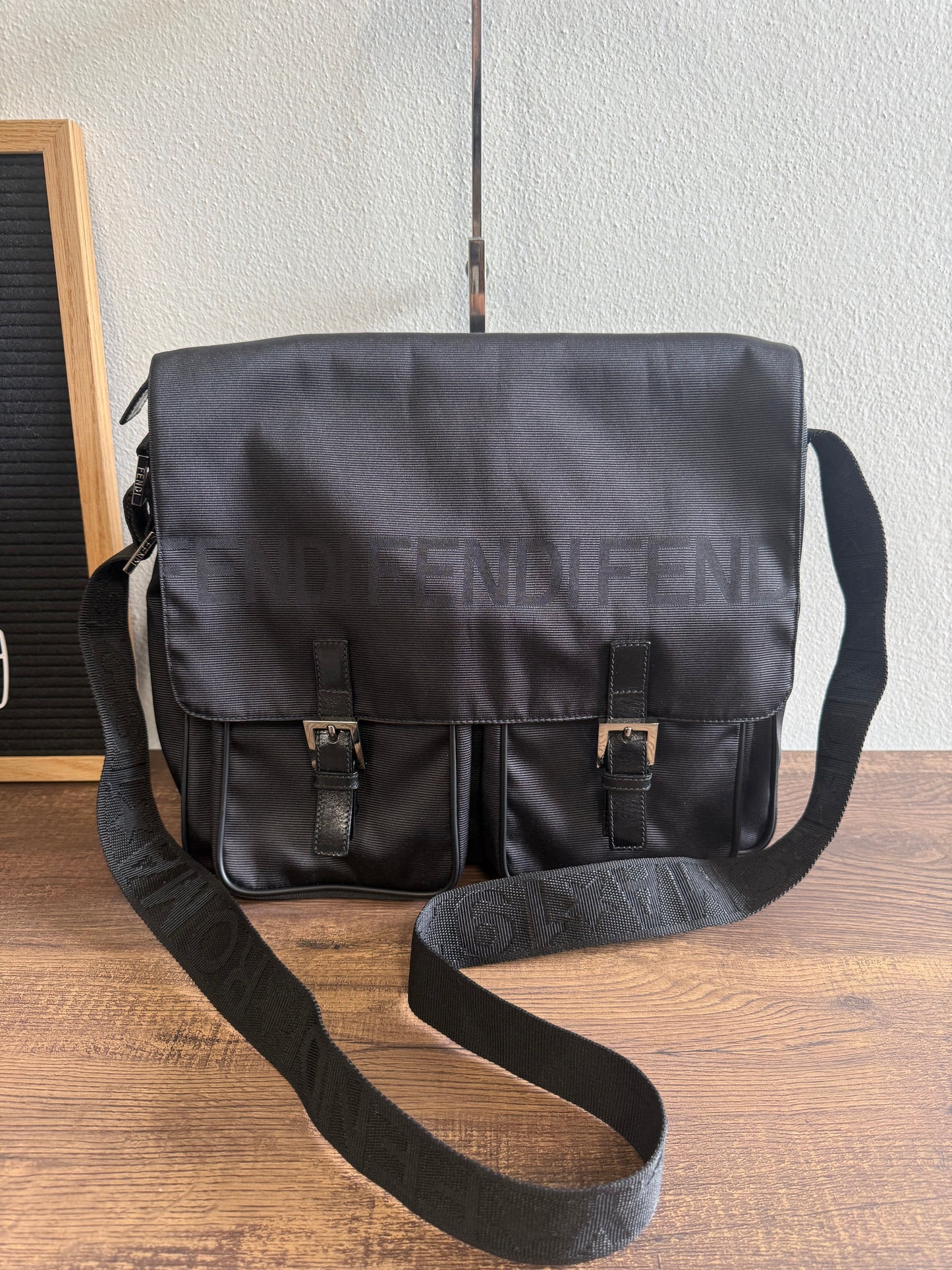FENDI Designer Black Fabric Shoulder Bag Leather Bag