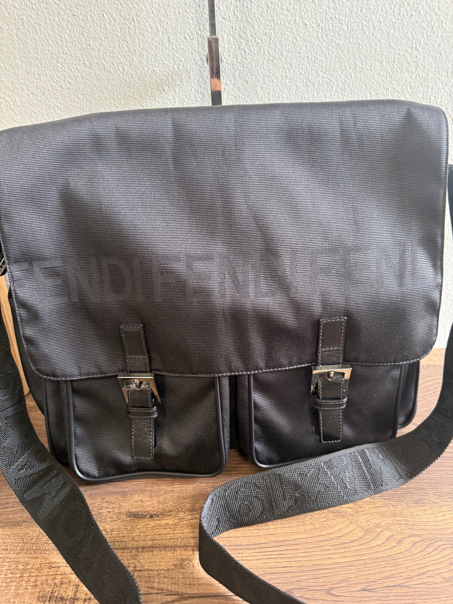 FENDI Designer Black Fabric Shoulder Bag Leather Bag