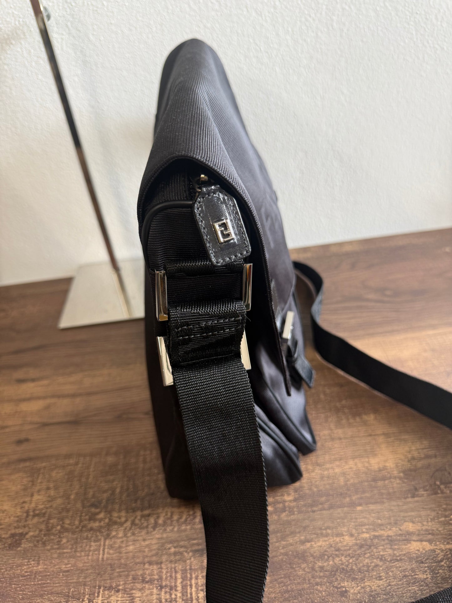 FENDI Designer Black Fabric Shoulder Bag Leather Bag