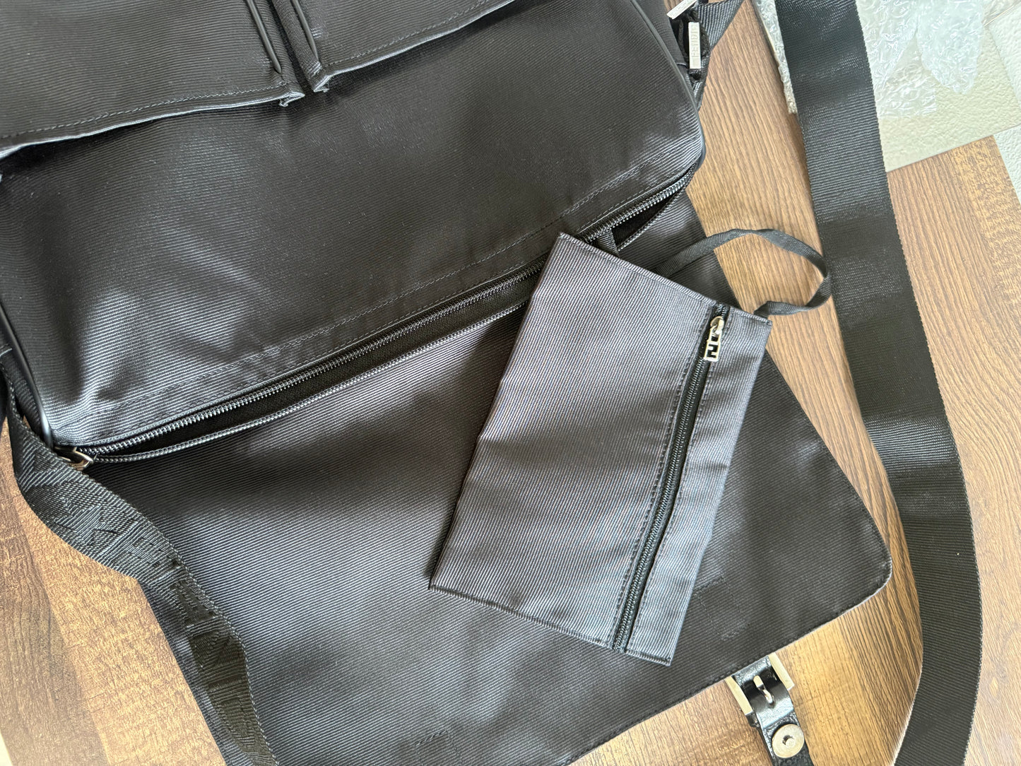 FENDI Designer Black Fabric Shoulder Bag Leather Bag