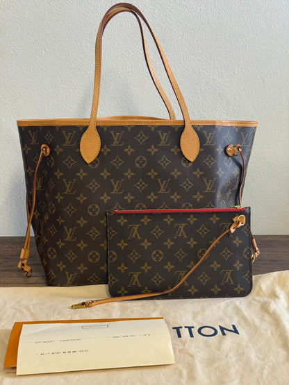LOUIS VUITTON NEVERFULL MM IN MONOGRAM RED INTERIOR WITH POUCH