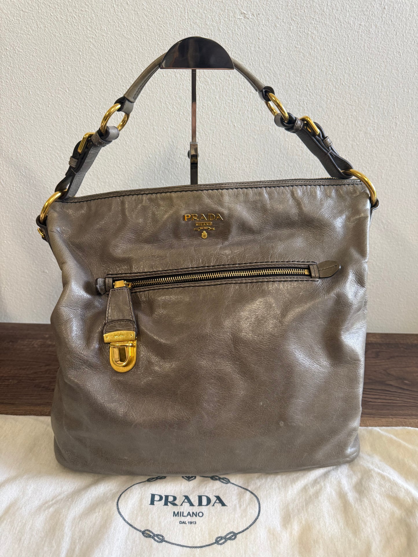 PRADA Prada Grey Vitello Shine Leather Hobo Bag