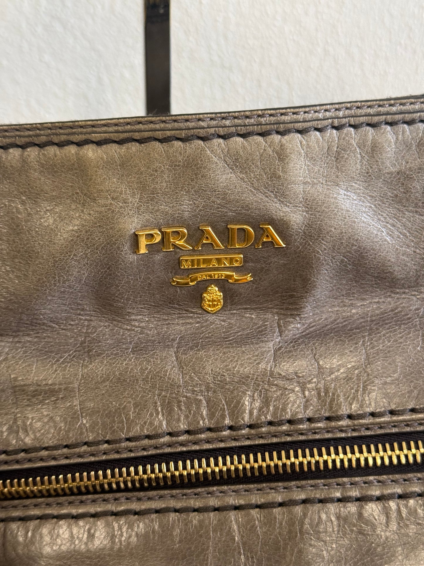PRADA Prada Grey Vitello Shine Leather Hobo Bag