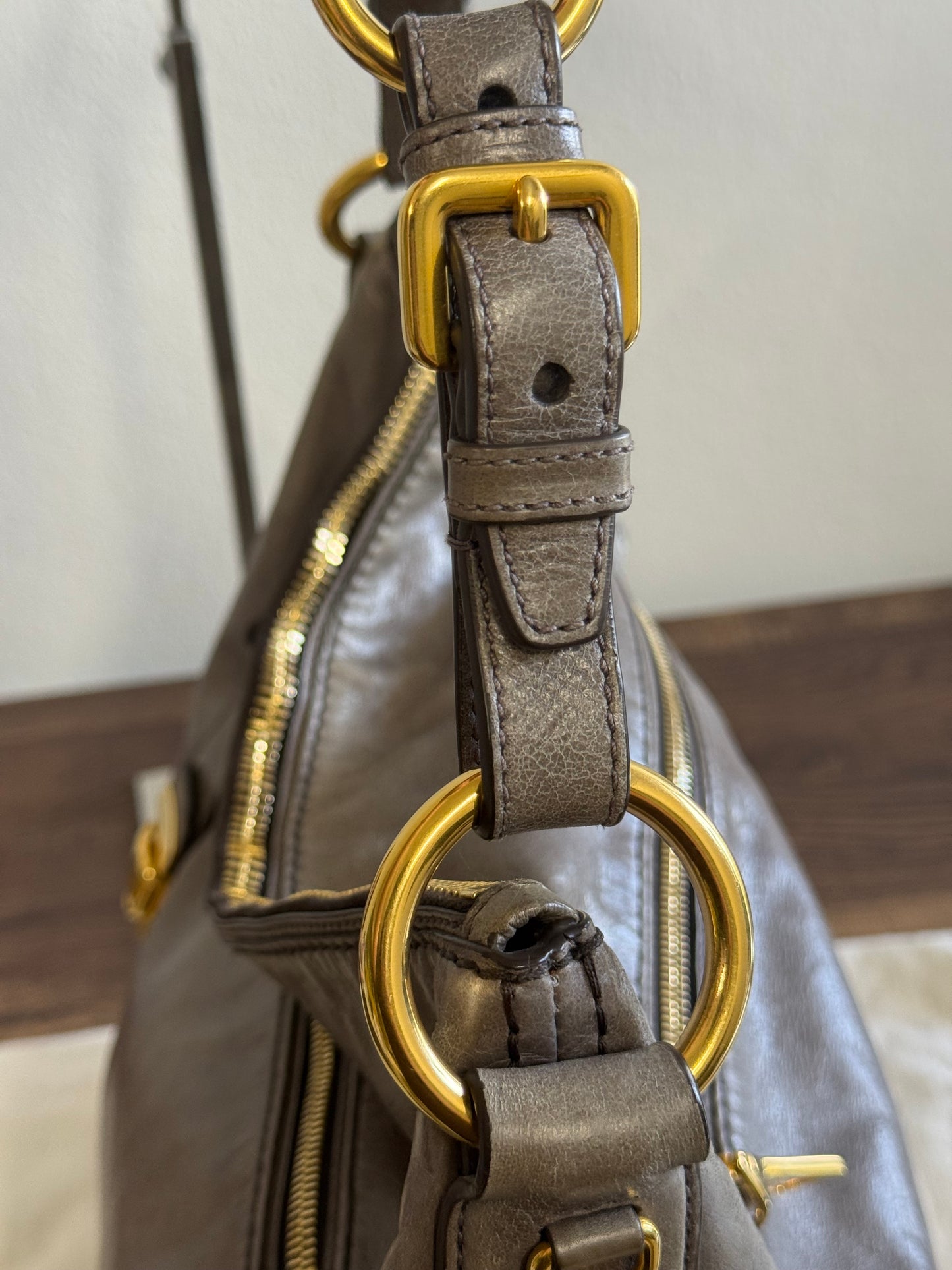 PRADA Prada Grey Vitello Shine Leather Hobo Bag