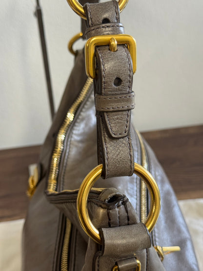 PRADA Prada Grey Vitello Shine Leather Hobo Bag