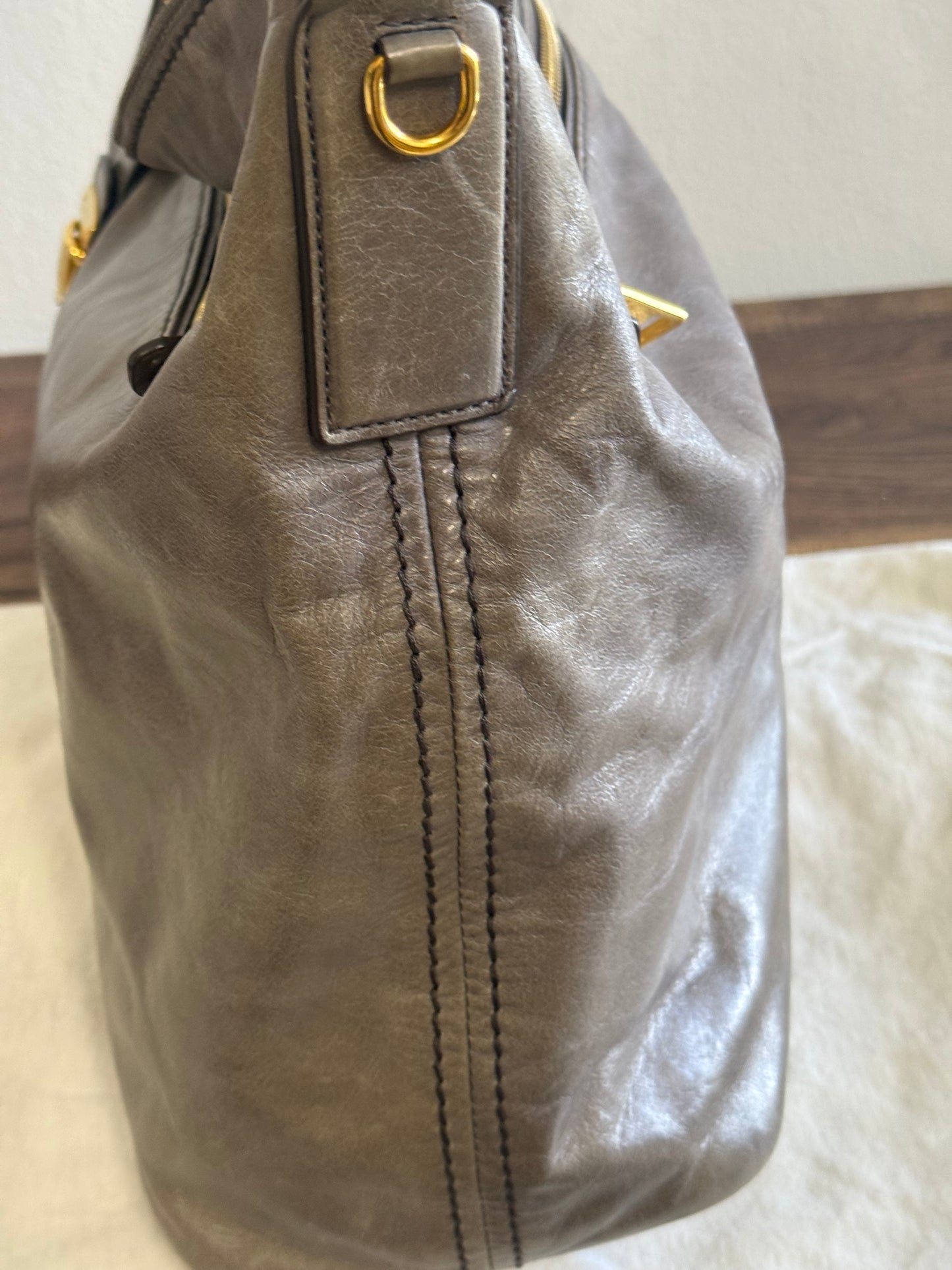 PRADA Prada Grey Vitello Shine Leather Hobo Bag