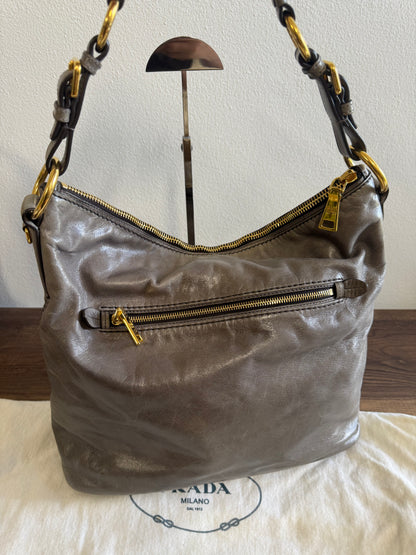 PRADA Prada Grey Vitello Shine Leather Hobo Bag