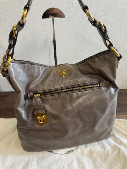 PRADA Prada Grey Vitello Shine Leather Hobo Bag