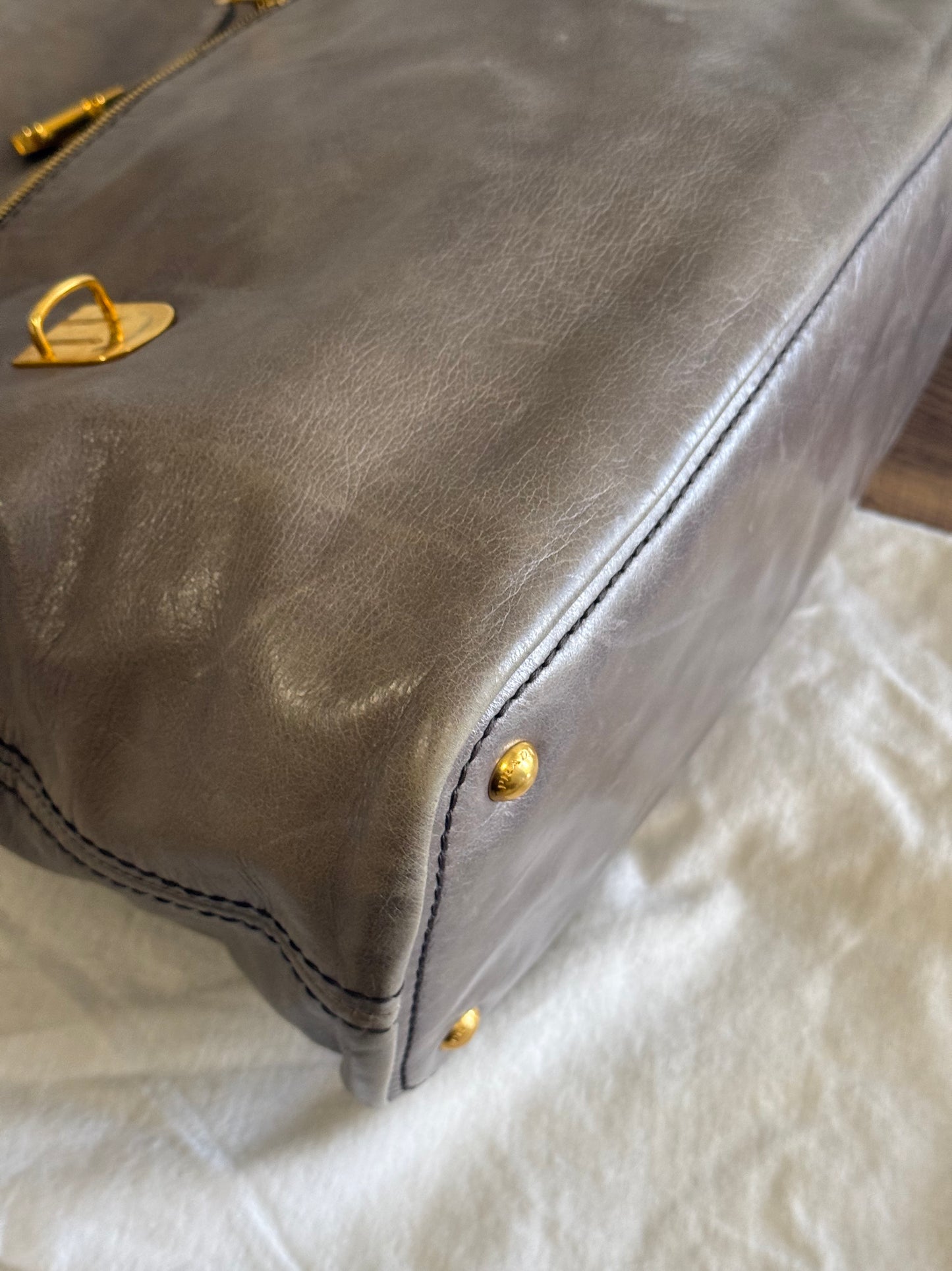 PRADA Prada Grey Vitello Shine Leather Hobo Bag