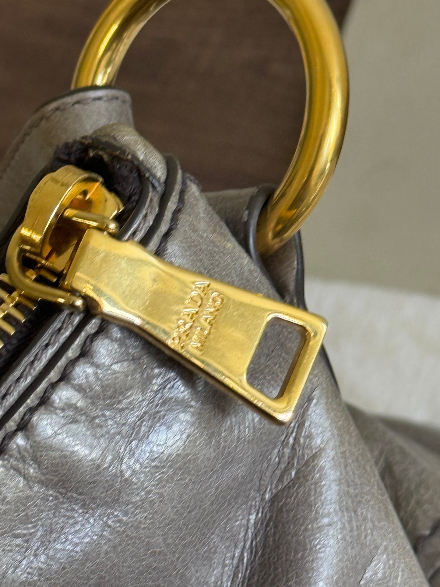 PRADA Prada Grey Vitello Shine Leather Hobo Bag