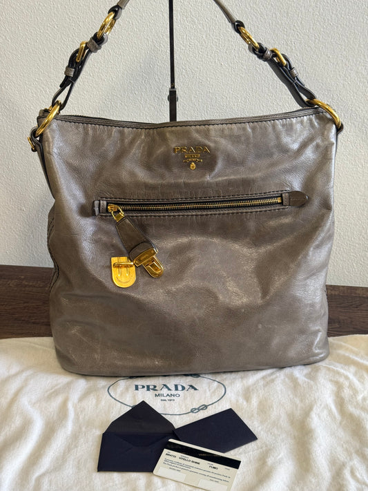 PRADA Prada Grey Vitello Shine Leather Hobo Bag