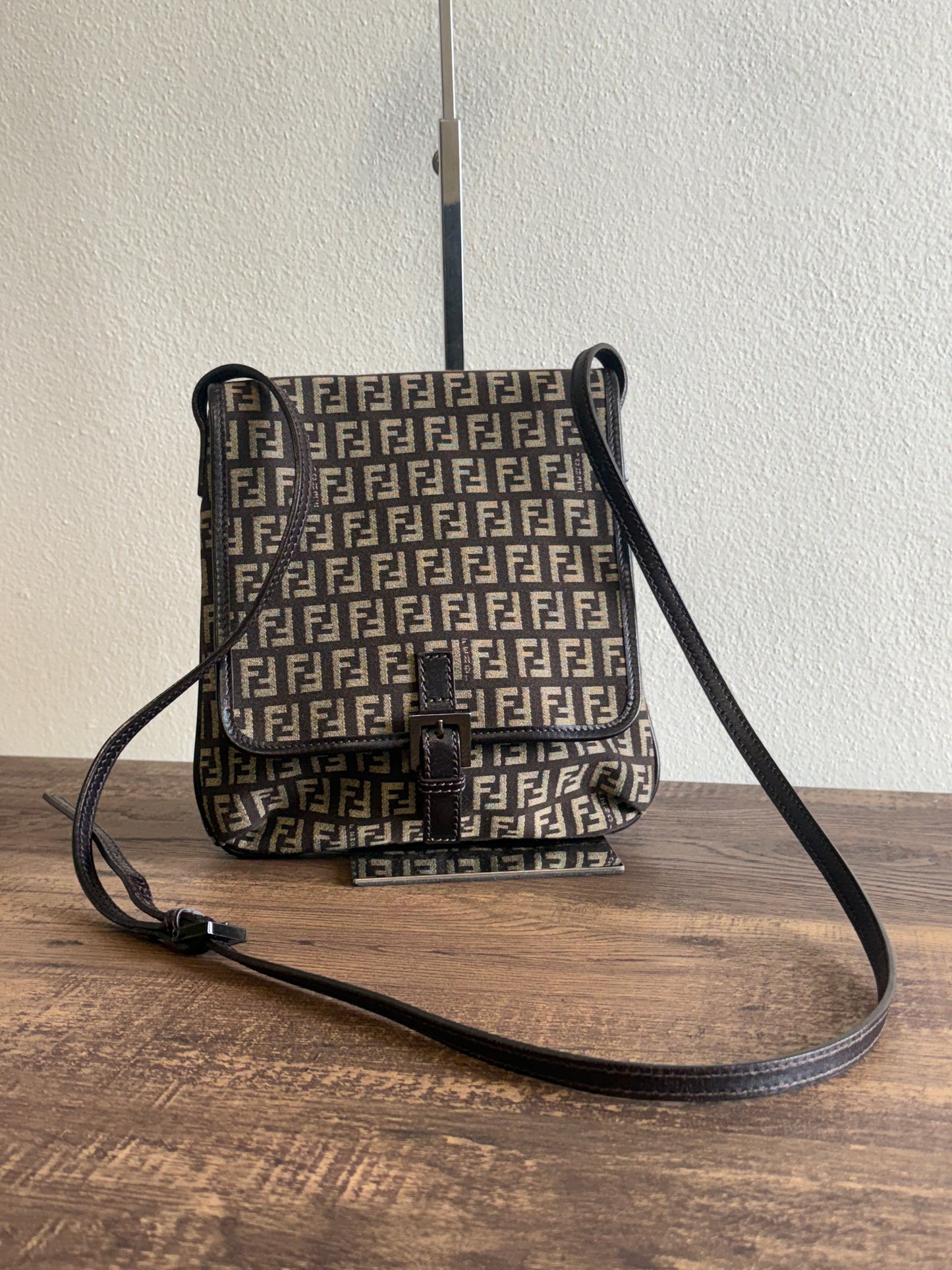 FENDI ZUCCHINO CANVAS LEATHER-TRIMMED CROSSBODY