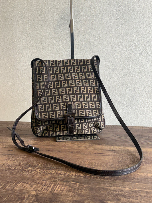 FENDI ZUCCHINO CANVAS LEATHER-TRIMMED CROSSBODY