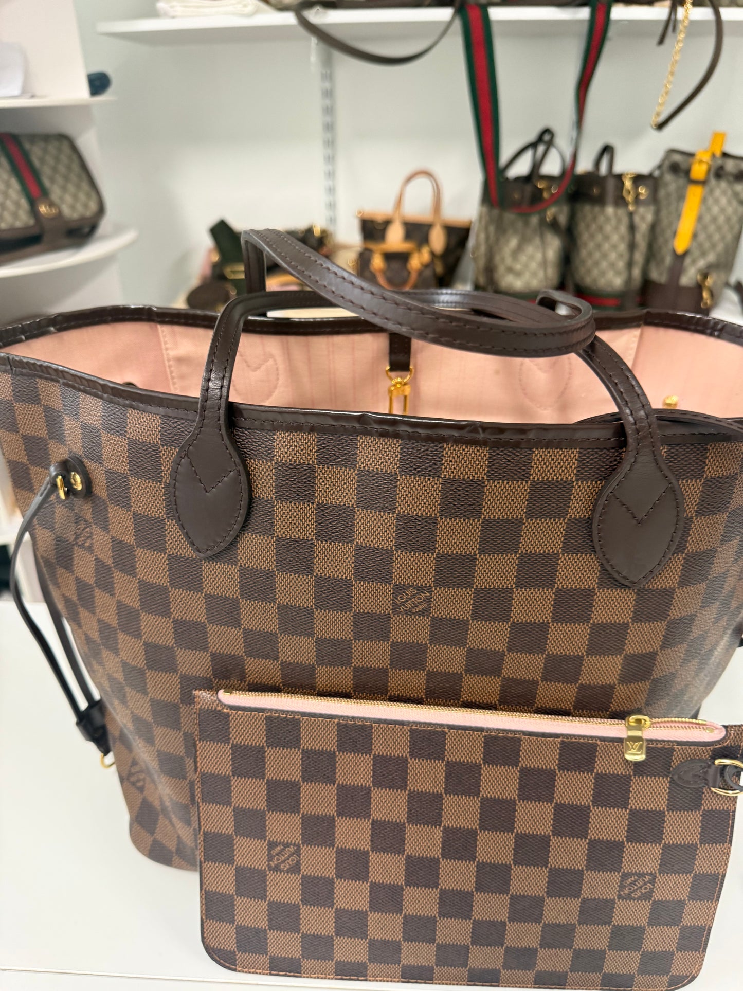 LOUIS VUITTON NEVERFULL MM DAMIER EBENE - ROSE BALLERINE INTERIOR