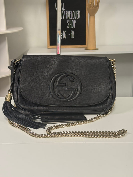 Gucci Black Pebbled Leather Soho Chain Flap Shoulder Bag