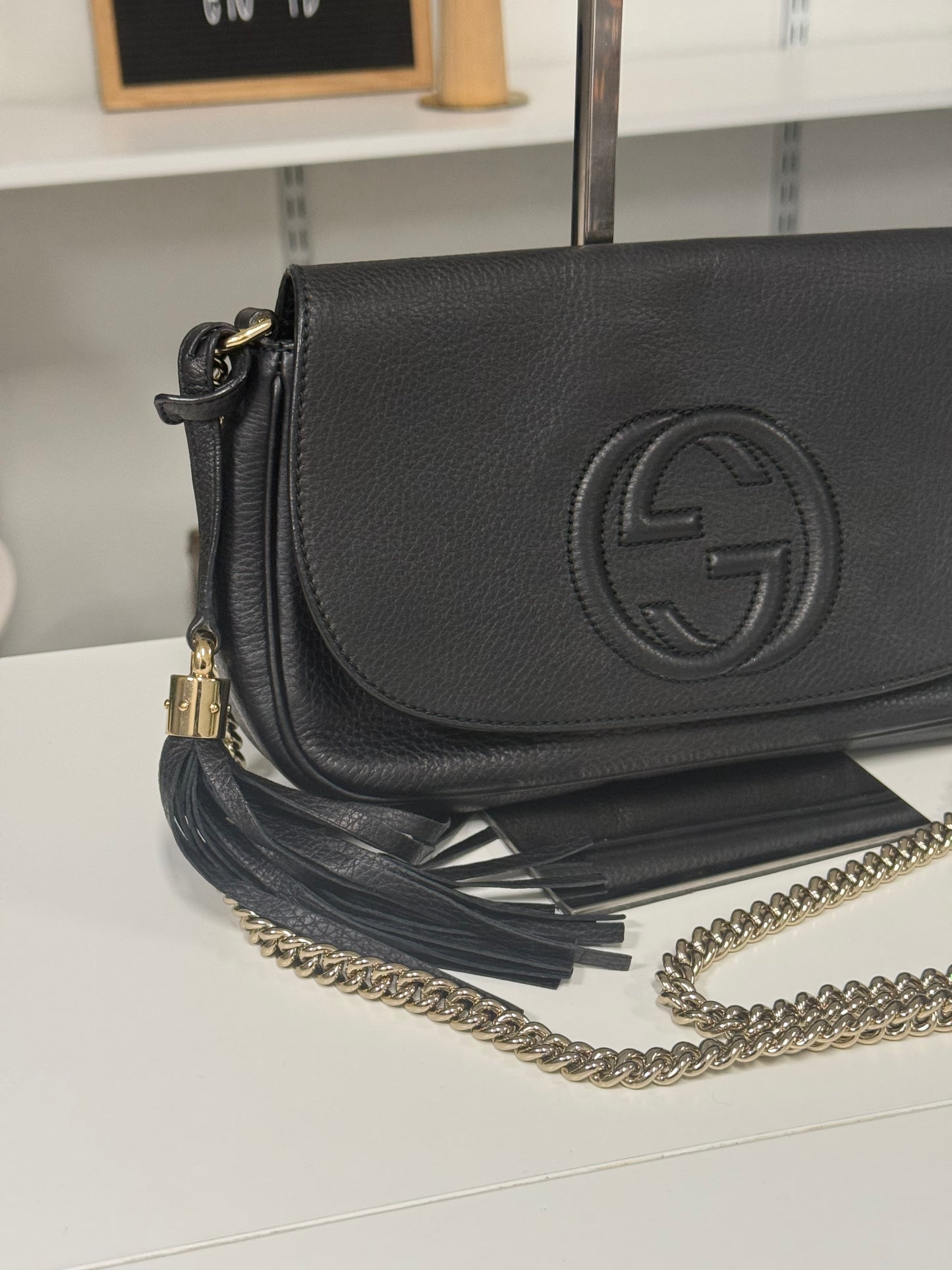 Gucci Black Pebbled Leather Soho Chain Flap Shoulder Bag