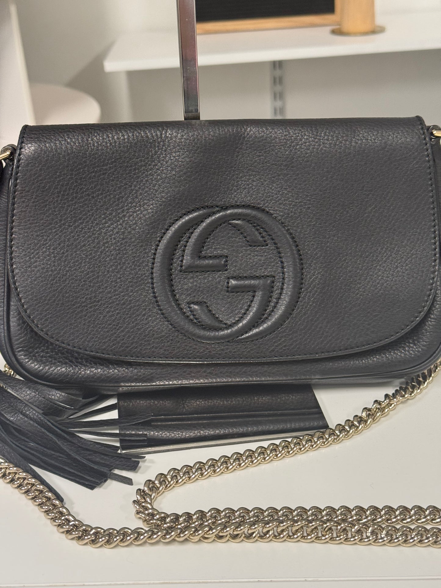 Gucci Black Pebbled Leather Soho Chain Flap Shoulder Bag