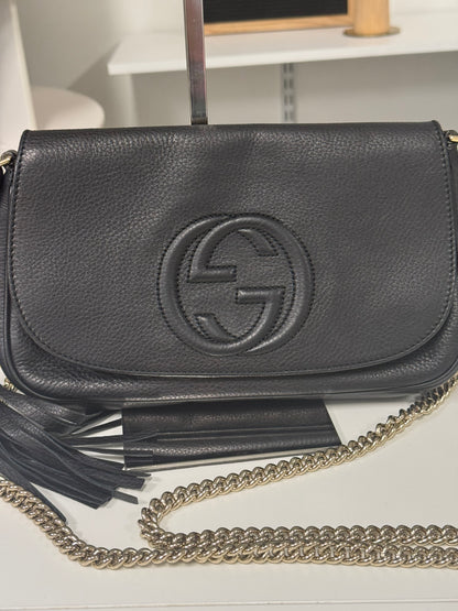 Gucci Black Pebbled Leather Soho Chain Flap Shoulder Bag