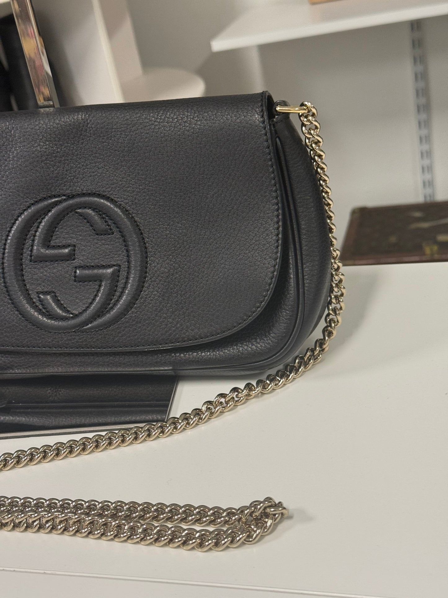Gucci Black Pebbled Leather Soho Chain Flap Shoulder Bag