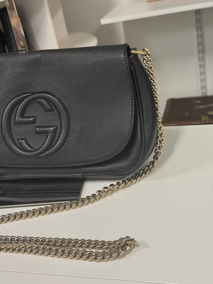 Gucci Black Pebbled Leather Soho Chain Flap Shoulder Bag